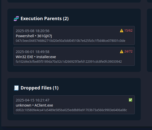 Screenshot of TryDetectThis2.0 (VirusTotal Offline), showing execution parents and dropped files.