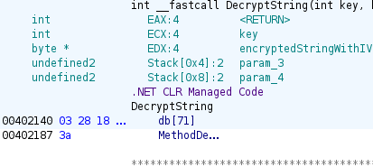 A screenshot of Ghidr,a showing .NET CLR Managed Code, indicating it's a .NET code.
